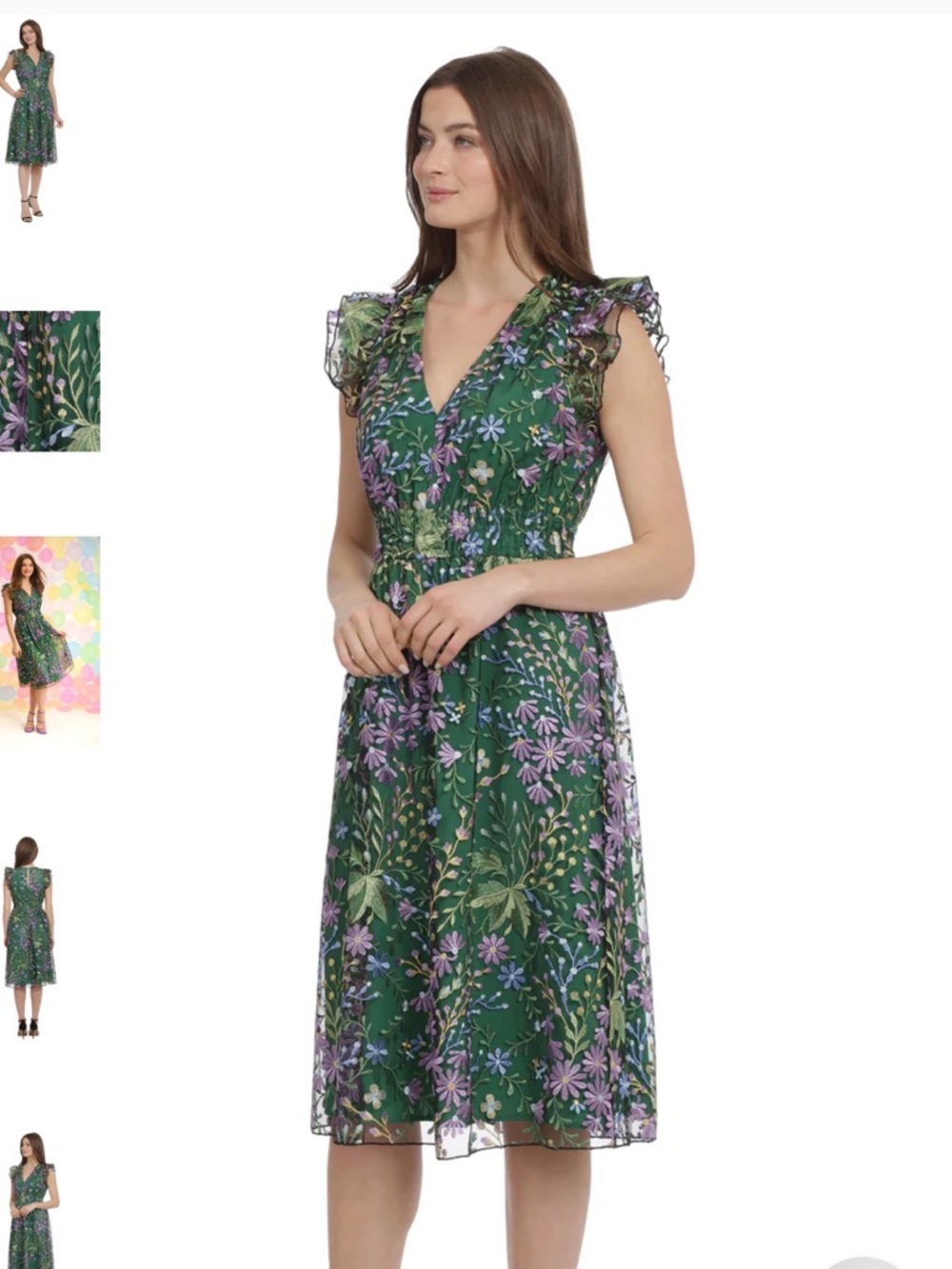 Maggy London Green Floral V-Neck Midi with Purple Accents